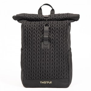 Black woven design roll top backpack casual fashion backpack