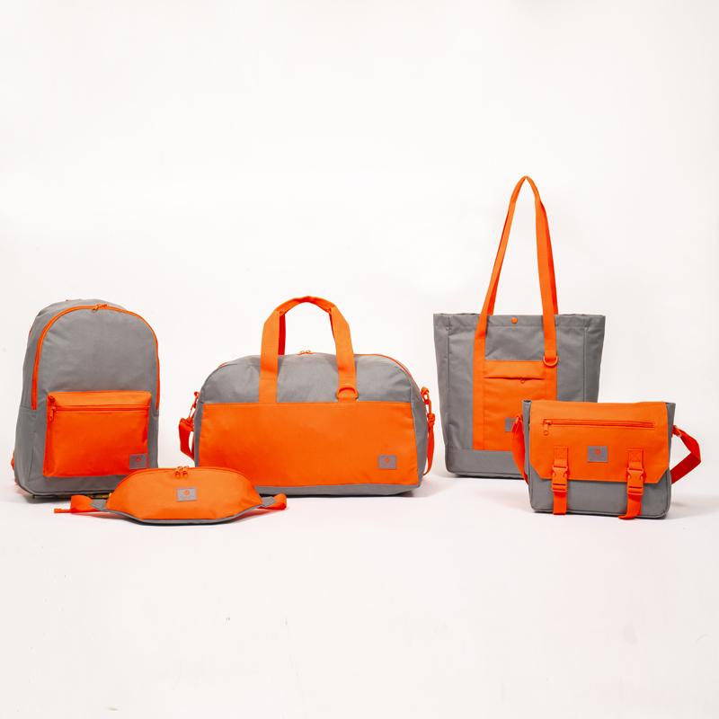 Gray and orange color matching design fashionable and casual large capacity backpack handbag shoulder bag waist bag series Featured Image