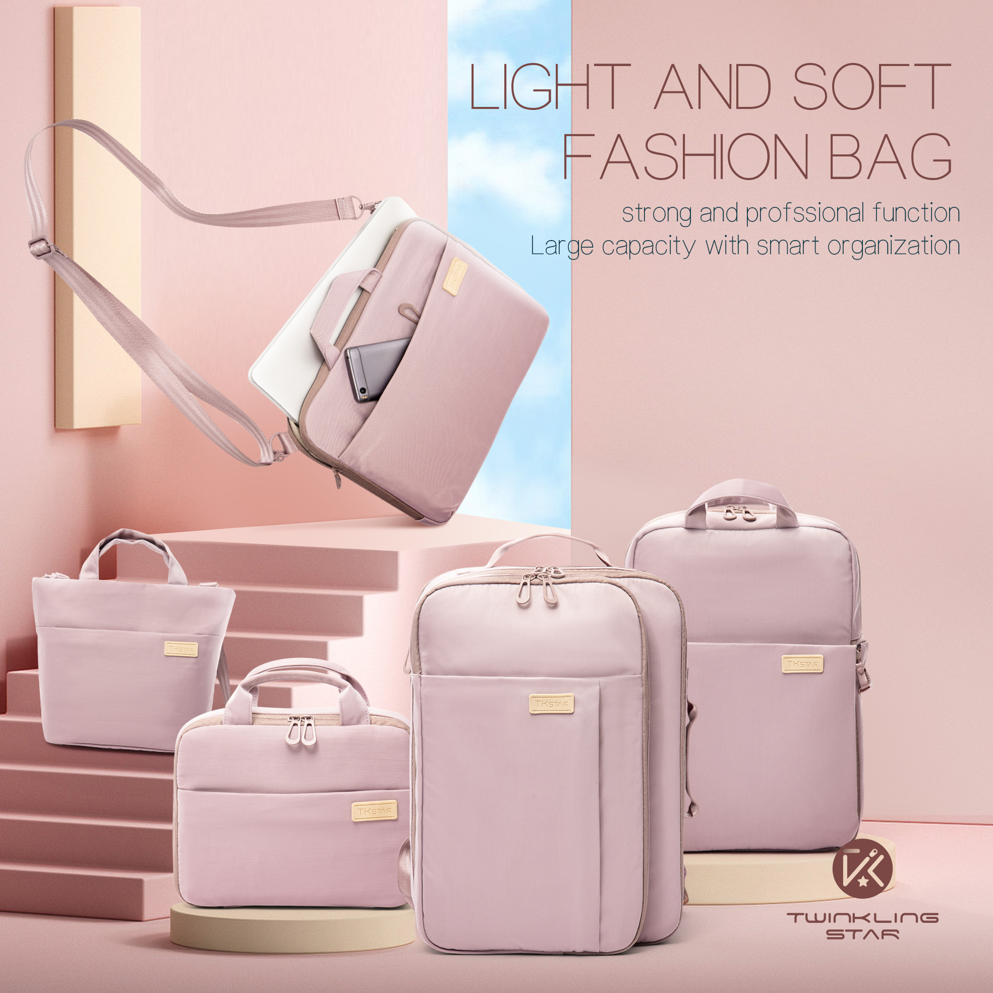 Twinkling Star|asual fashion light business women backpack laptop bag toiletry multifunction bag set