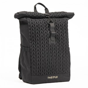 Black woven design roll top backpack casual fashion backpack