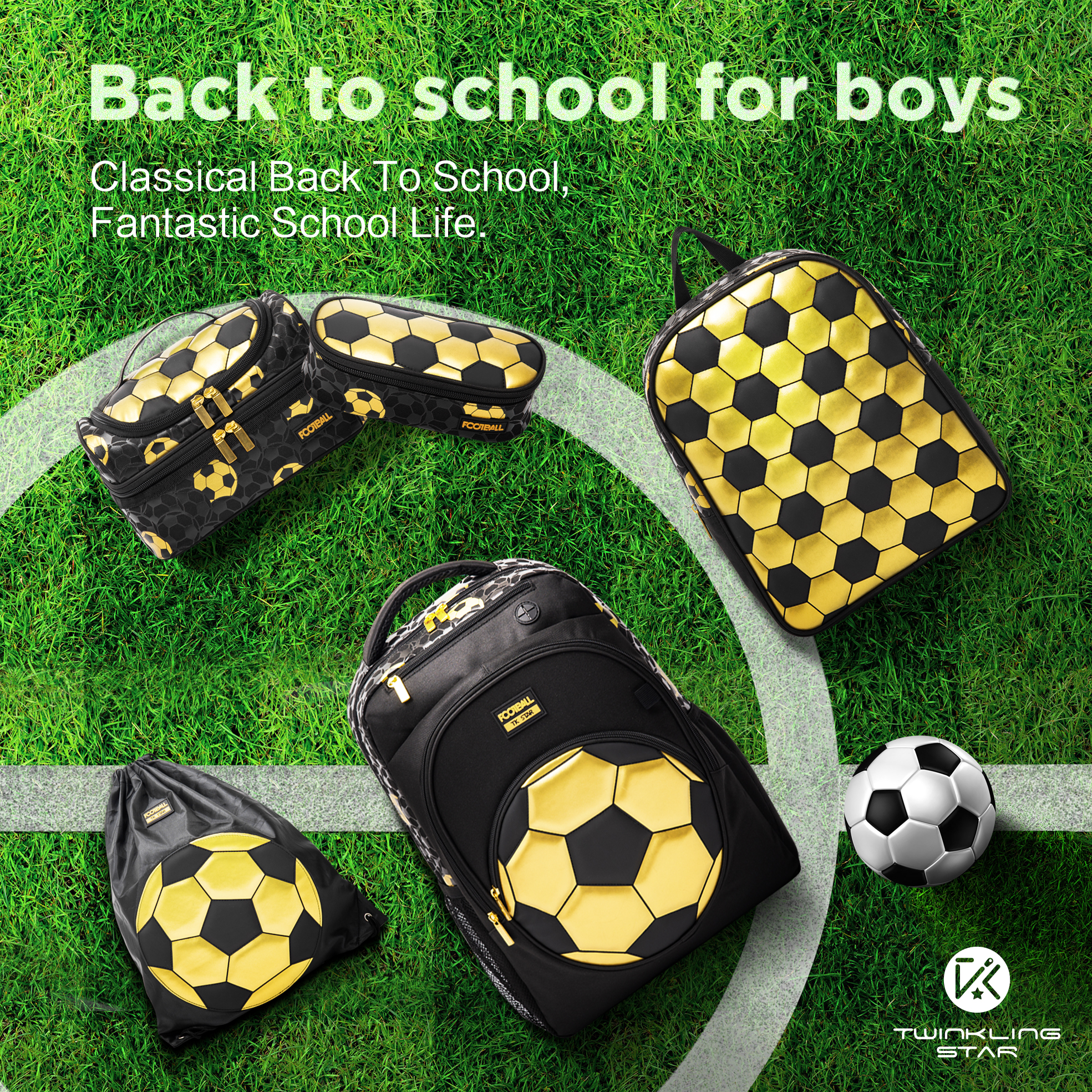 Soccer School Bag OEM school backpack BTS Back To School For Boys Gold Foil Print | Twinkling Star